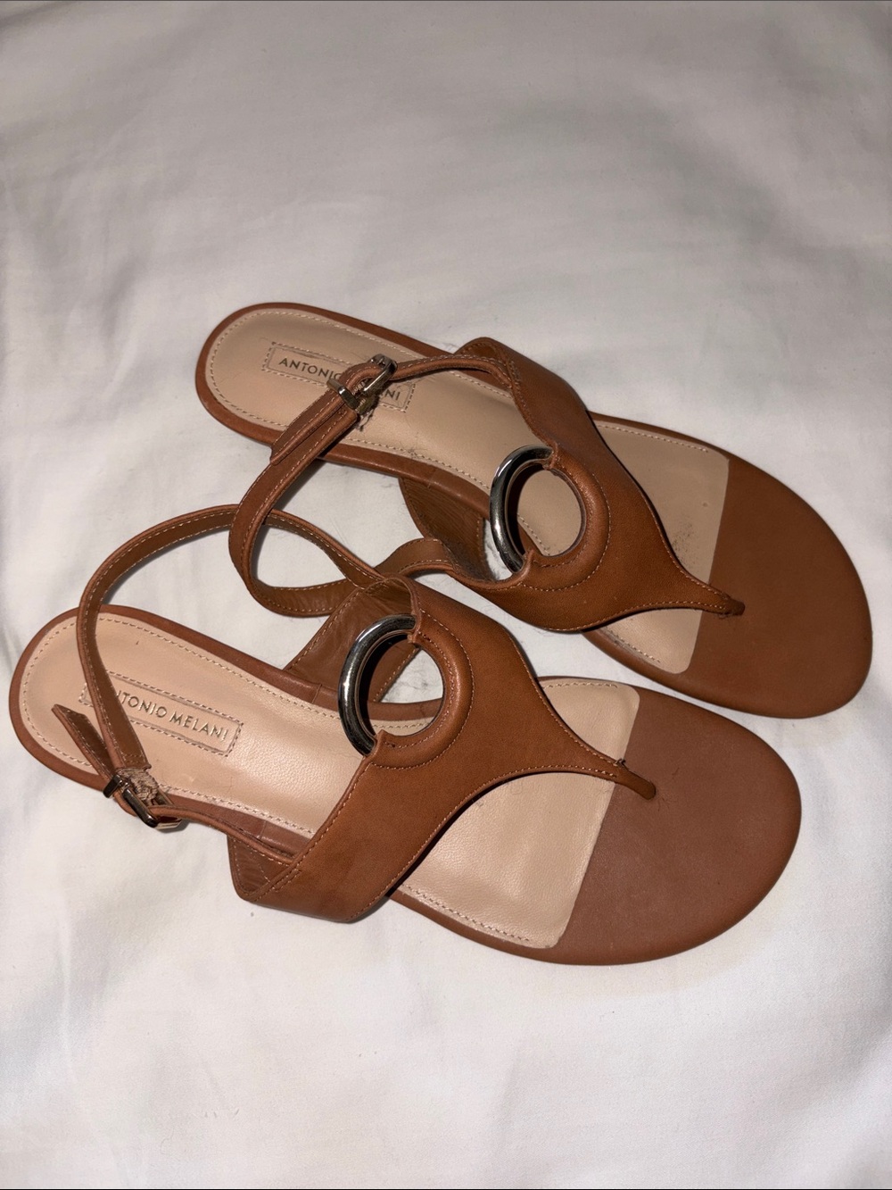 ANTONIO MELANI Brown Leather Slingback Sandals with Silver Ring